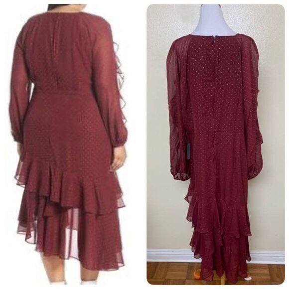 Cooper St Chiffon Dress Sz 22 Texture Dot & Ruffle Red White Asymmetrical - Picture 2 of 11
